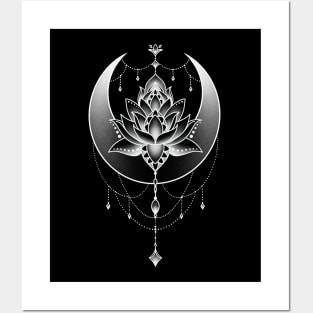 Celestial Crescent Moon and Lotus Flower Design Posters and Art